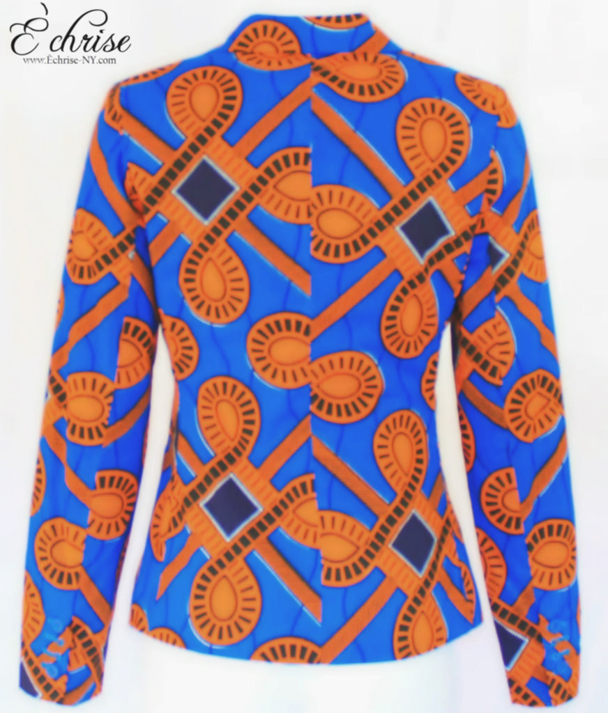 Q122 Geometric African Print Blazer - B1473 Blue & Orange - Échrise