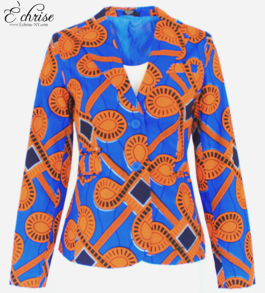 Q122 Geometric African Print Blazer - B1473 Blue & Orange - Échrise