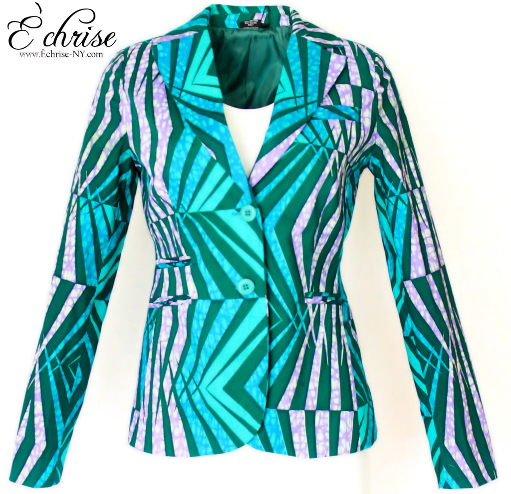 Q115 - Geometric African Print Blazer/Jacket - B9300 Green/Teal - Échrise