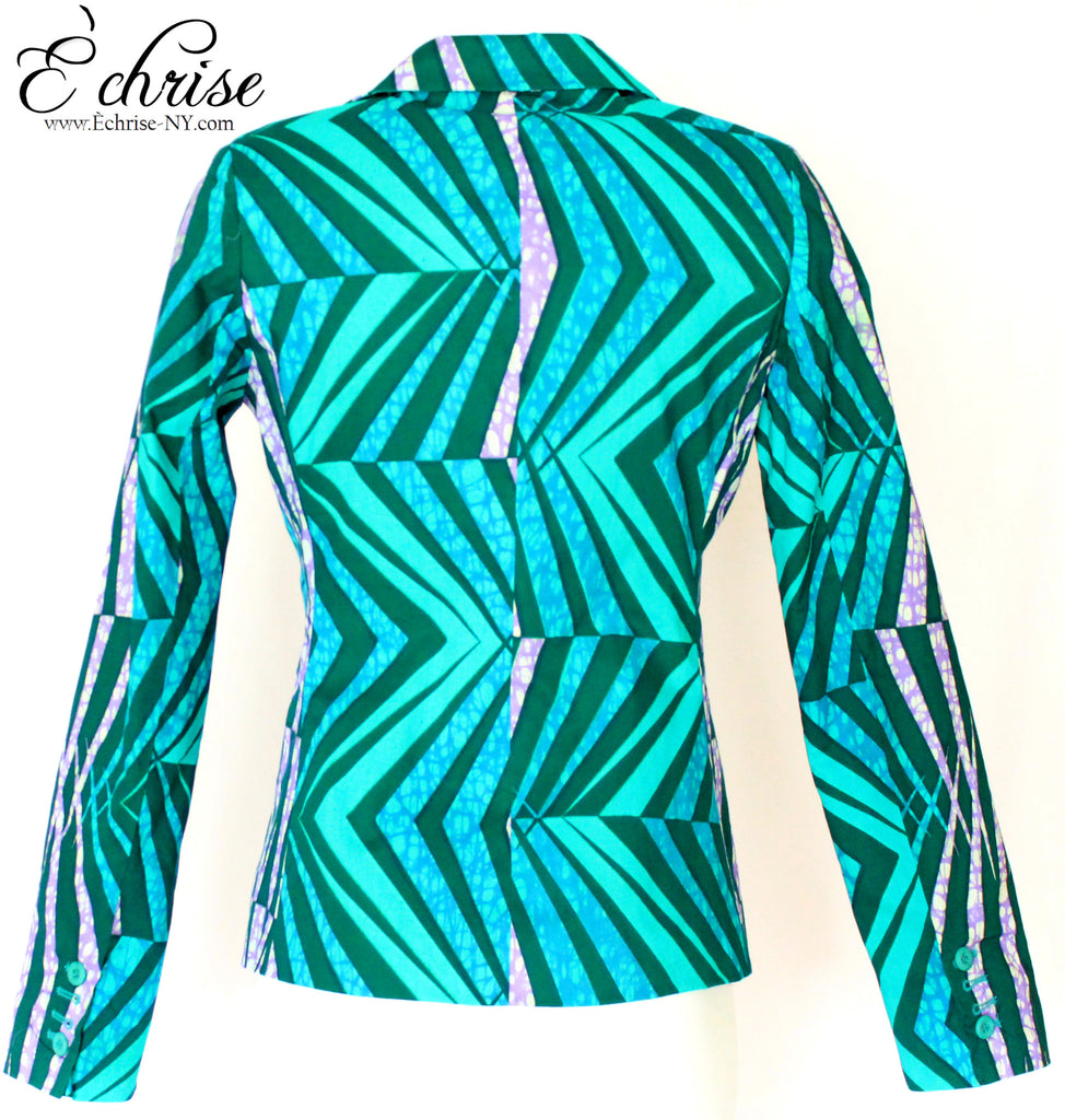 Q115 - Geometric African Print Blazer/Jacket - B9300 Green/Teal - Échrise