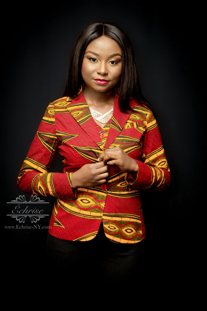 Q119 - Geometric African Print Blazer - B5302 Red/Black/Yellow Pods - Échrise