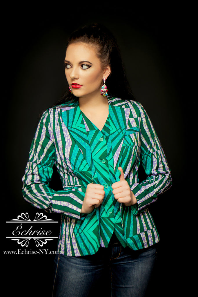 Q115 - Geometric African Print Blazer/Jacket - B9300 Green/Teal - Échrise